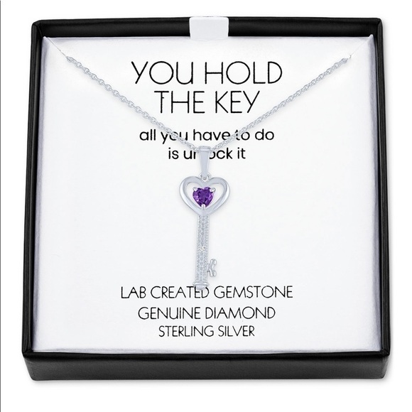 NWT NIB STERLING SILVER AMETHYST & DIAMOND “YOU HOLD THE KEY” NECKLACE - Picture 1 of 8